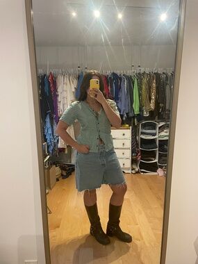 Green Gingham Button-Up Top